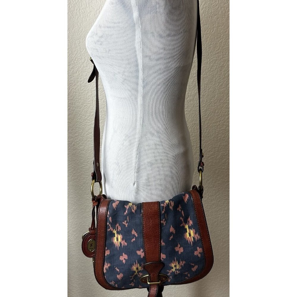 Fossil Reissue Saddle Bag Brown Leather Tapestry Aztec Southwest Handbag Rare